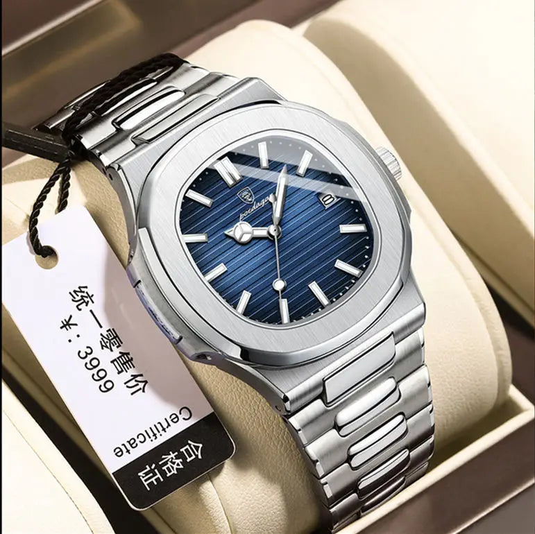 2023 New POEDAGAR 613  Watch Business Waterproof Male Clock Luminous Date Stainless Steel Square Quartz Men Watch